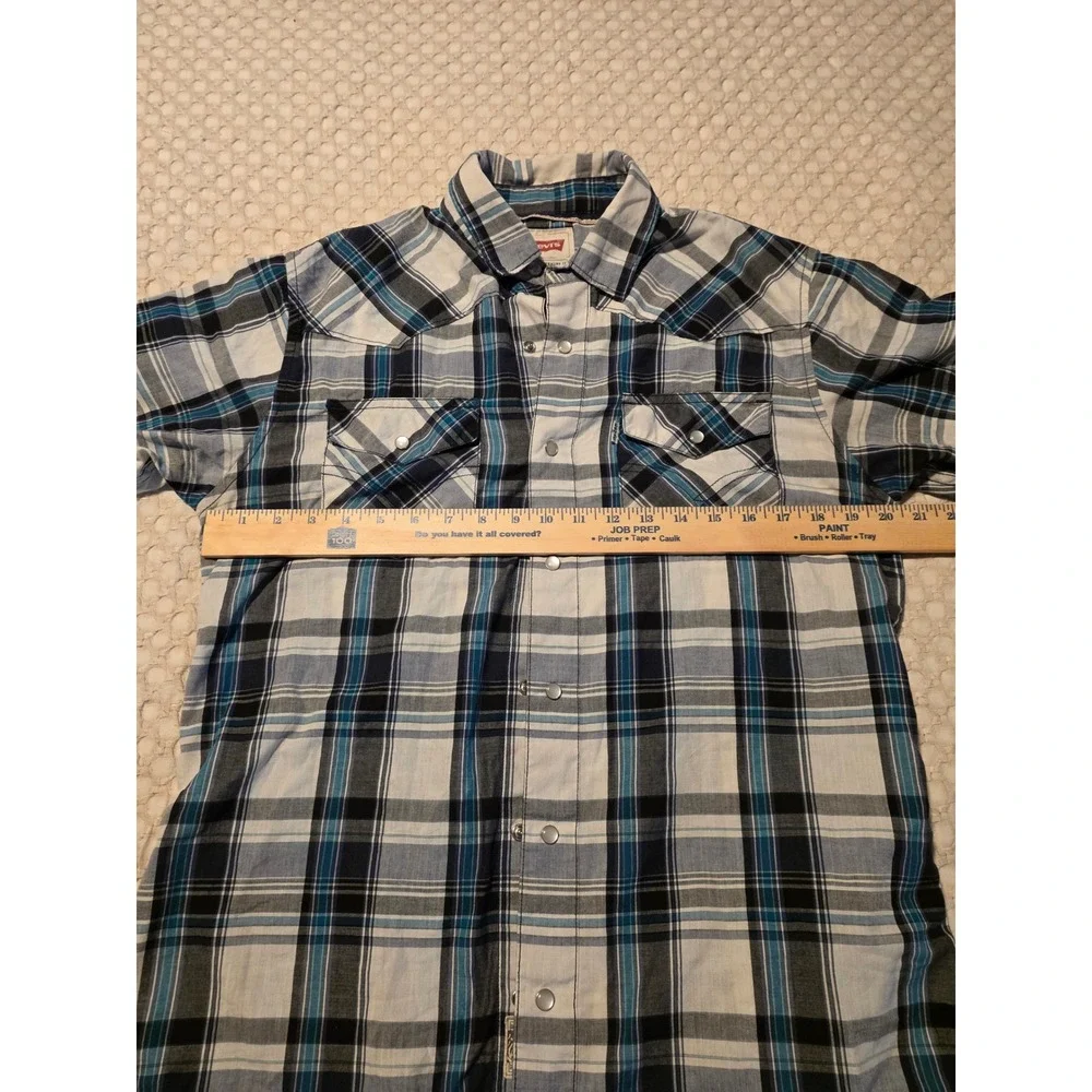 Levis Western Shirt Mens Small Blue Plaid Pearl Snap Short‎ Sleeve Excellent